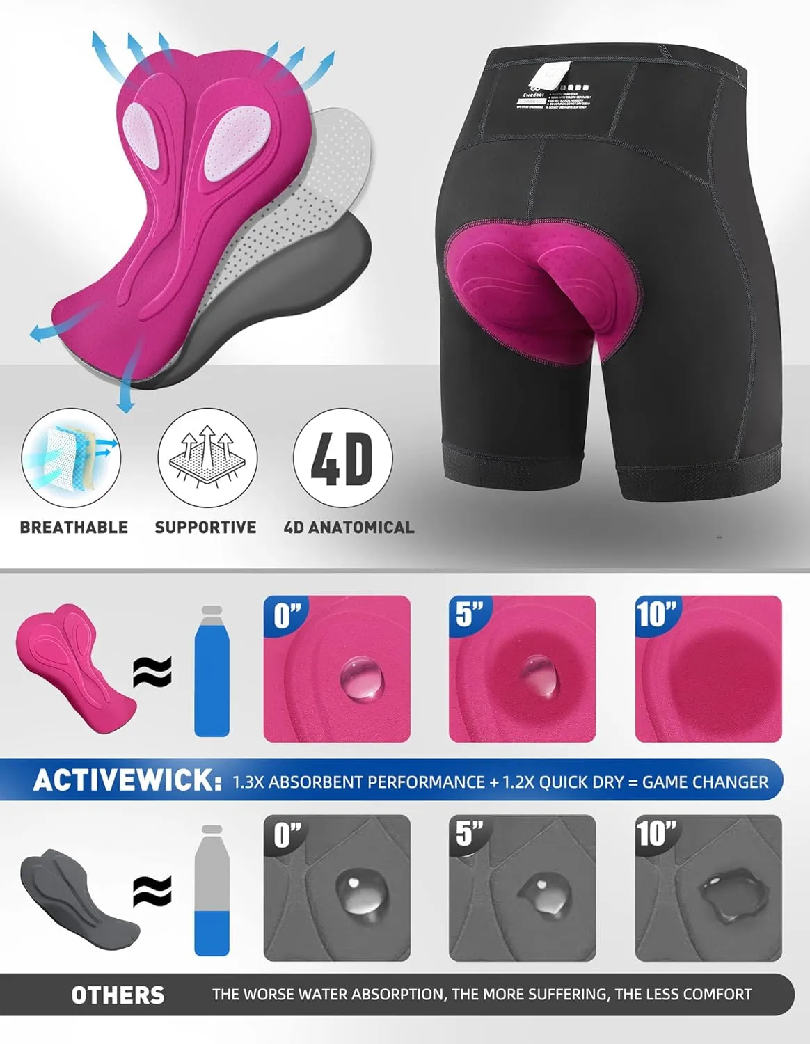 Ewedoos Padded Bike Shorts Women 4D Padding Cycling Shorts with Pocket Road Mountain Ride Womens Biking Bicycle Biker Shorts