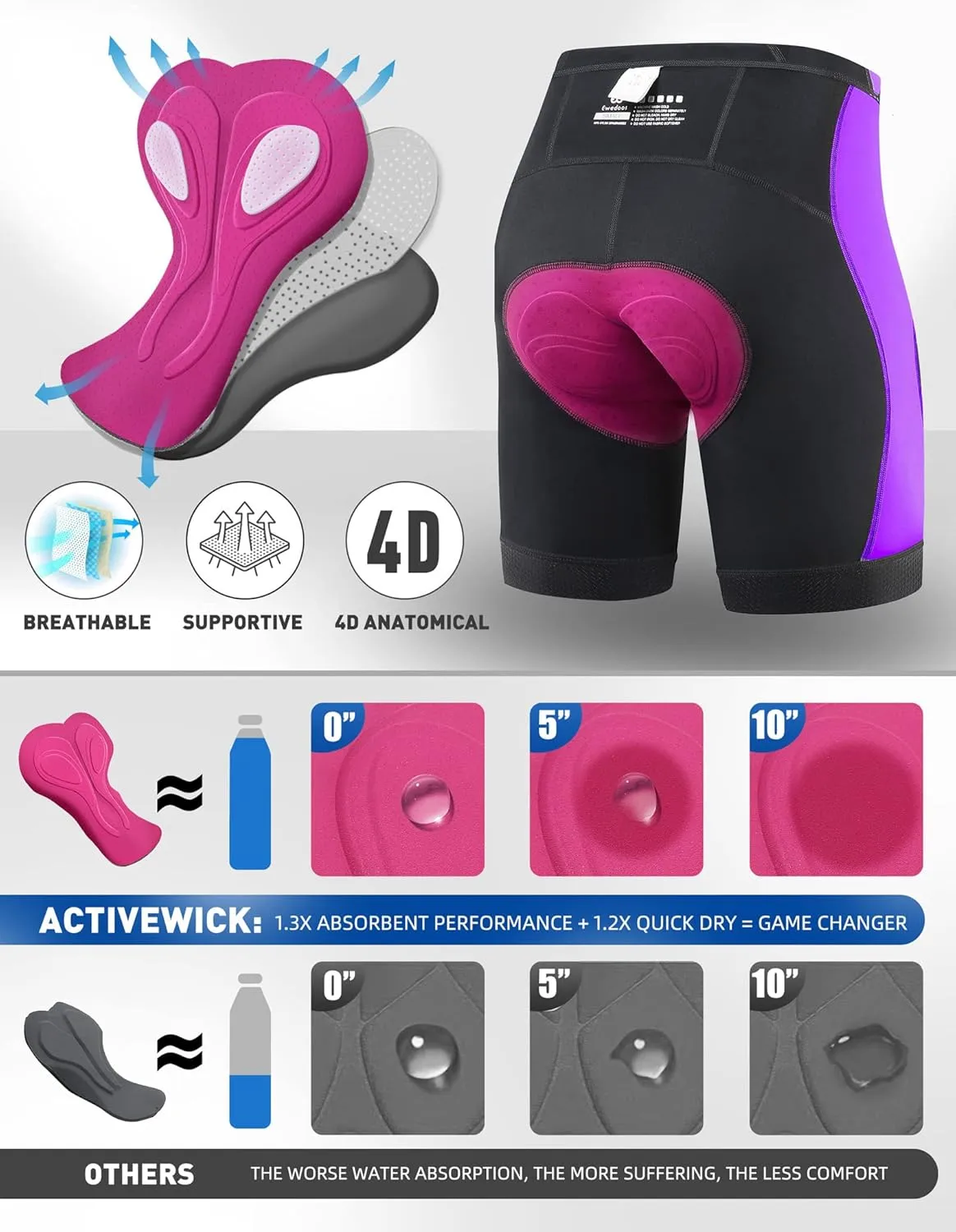 Ewedoos Padded Bike Shorts Women 4D Padding Cycling Shorts with Pocket Road Mountain Ride Womens Biking Bicycle Biker Shorts