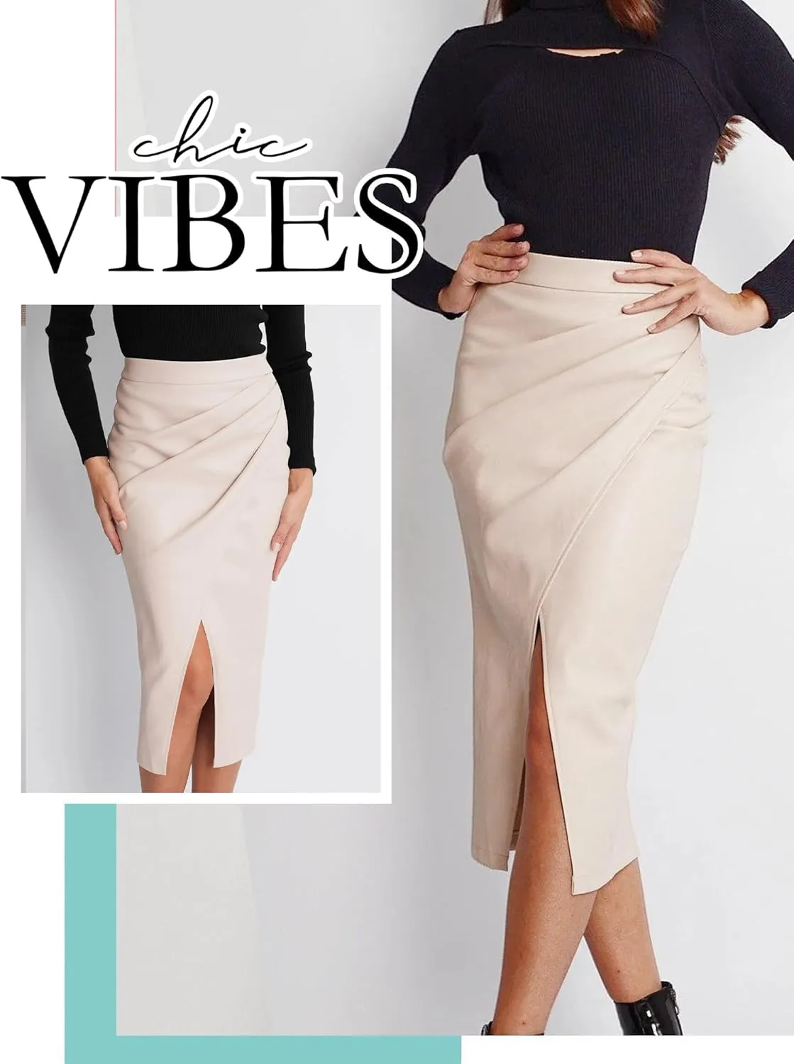 Ezcosplay Womens Faux Leather Midi Skirt High Waisted Wrap Ruched Front Slit Zip Back Bodycon Skirts