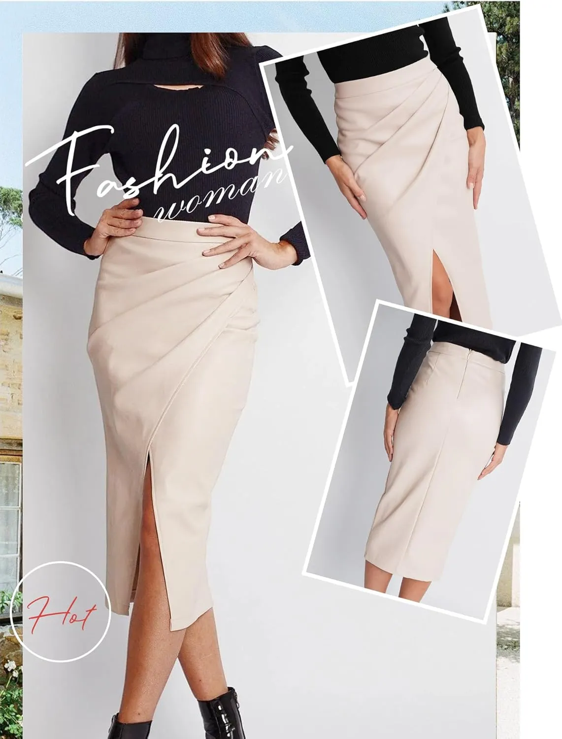 Ezcosplay Womens Faux Leather Midi Skirt High Waisted Wrap Ruched Front Slit Zip Back Bodycon Skirts