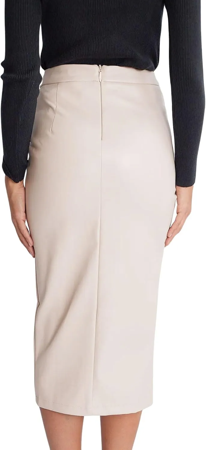 Ezcosplay Womens Faux Leather Midi Skirt High Waisted Wrap Ruched Front Slit Zip Back Bodycon Skirts