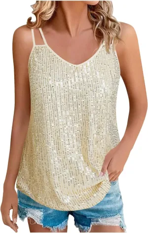 Finelylove Sequin Tops for Women Dressy V Neck Sexy Sparkly Glitter Cami Tank Tops Fashion Las Vegas Disco Club Party Outfits