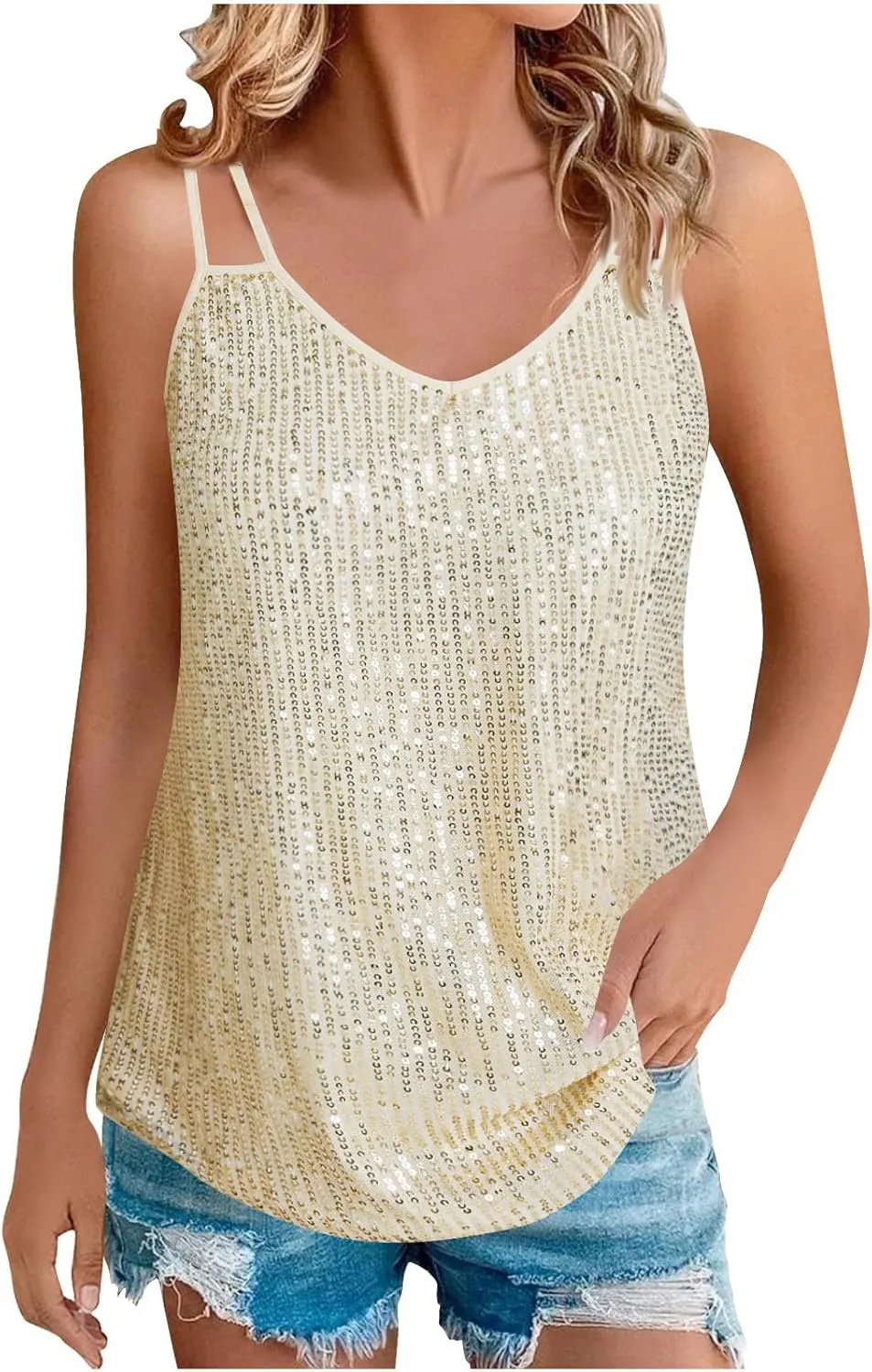 Finelylove Sequin Tops for Women Dressy V Neck Sexy Sparkly Glitter Cami Tank Tops Fashion Las Vegas Disco Club Party Outfits