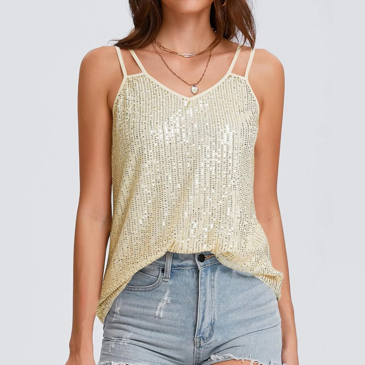 Finelylove Sequin Tops for Women Dressy V Neck Sexy Sparkly Glitter Cami Tank Tops Fashion Las Vegas Disco Club Party Outfits