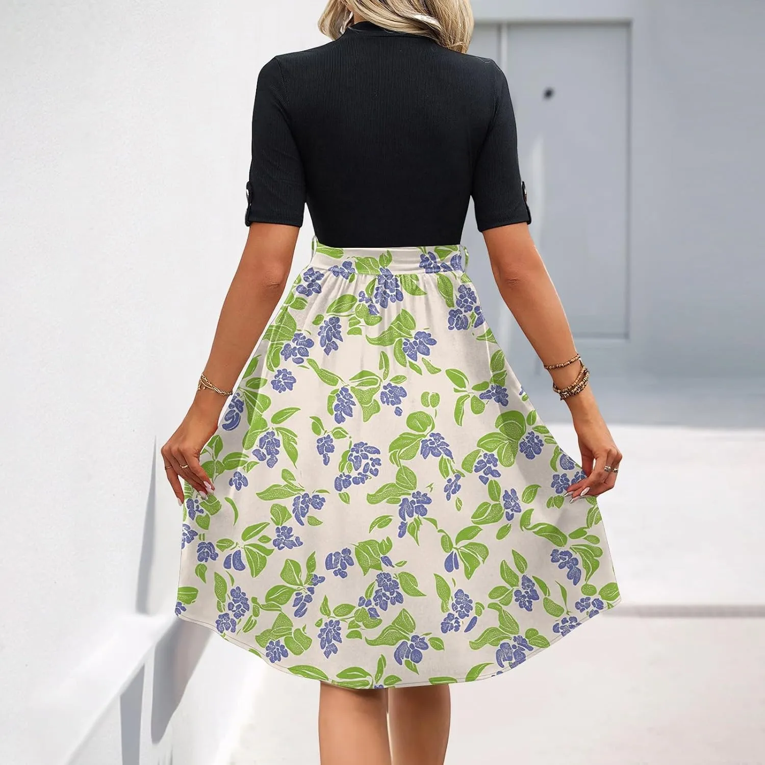 Floral Dresses Flowy Short Sleeve Empire Waist Summer Crewneck Midi Length Fashion Belted Sundresses for Women