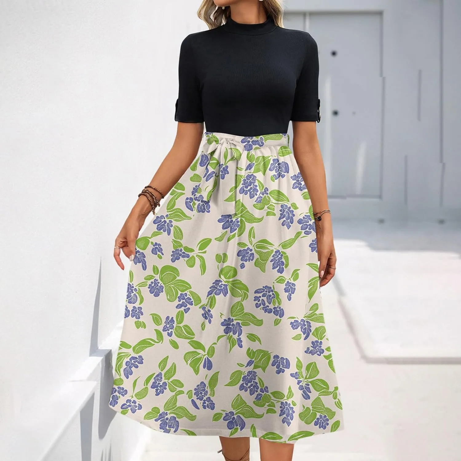 Floral Dresses Flowy Short Sleeve Empire Waist Summer Crewneck Midi Length Fashion Belted Sundresses for Women