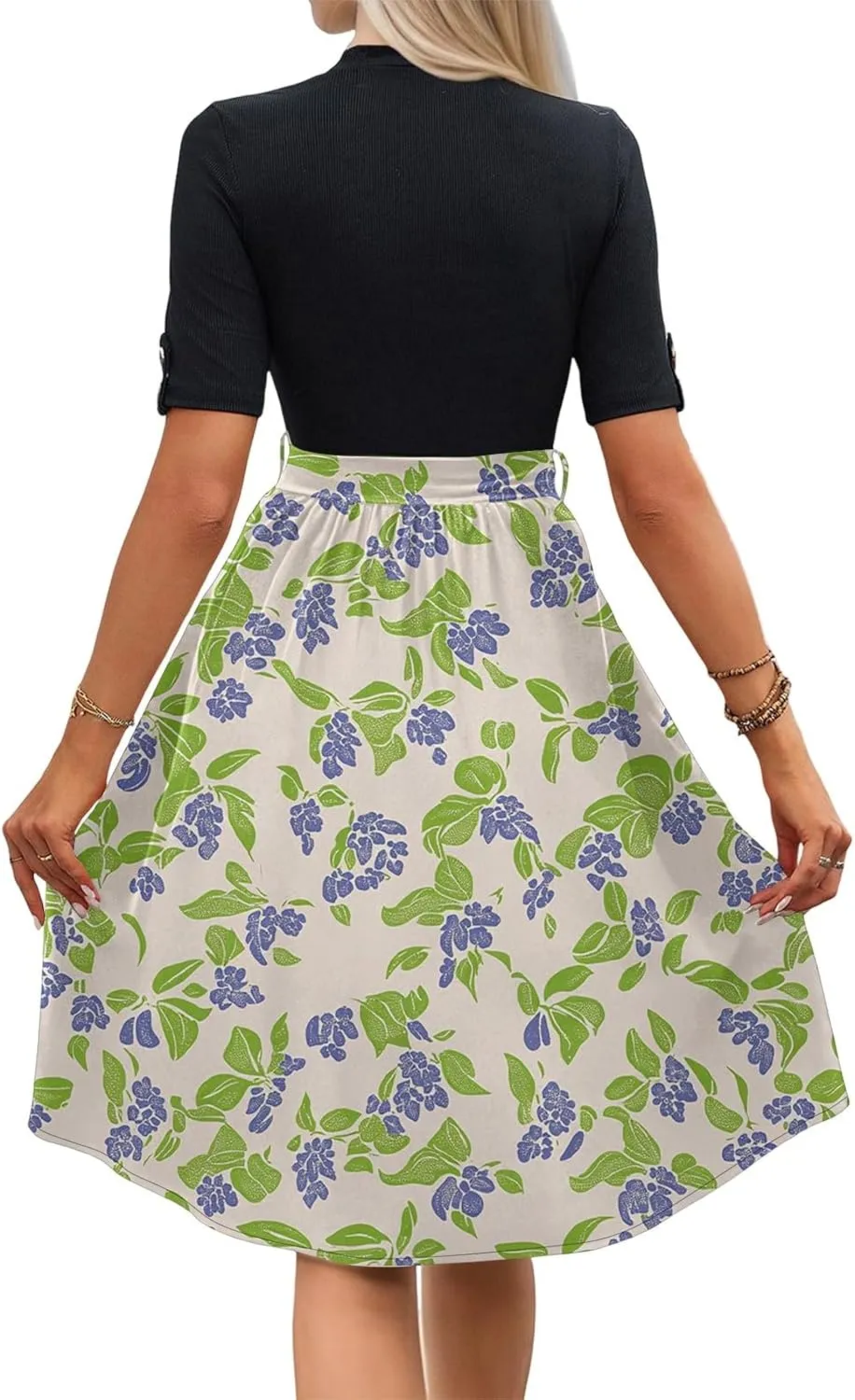 Floral Dresses Flowy Short Sleeve Empire Waist Summer Crewneck Midi Length Fashion Belted Sundresses for Women