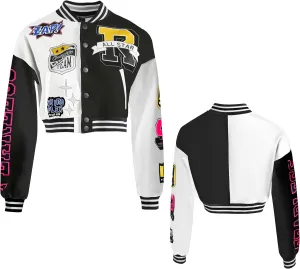 Girls Crop Varsity Jacket Print Color Block Bomber Jacket Casual Button Down Baseball Coats