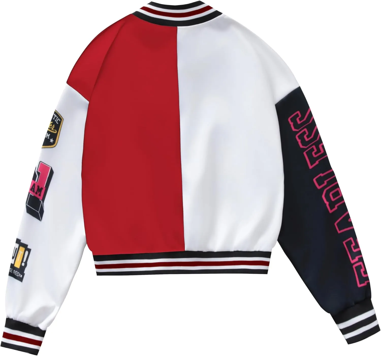 Girls Crop Varsity Jacket Print Color Block Bomber Jacket Casual Button Down Baseball Coats