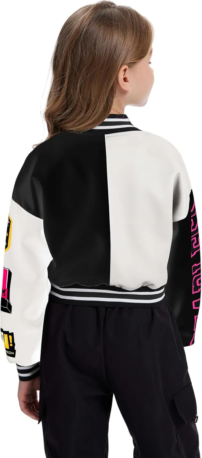 Girls Crop Varsity Jacket Print Color Block Bomber Jacket Casual Button Down Baseball Coats