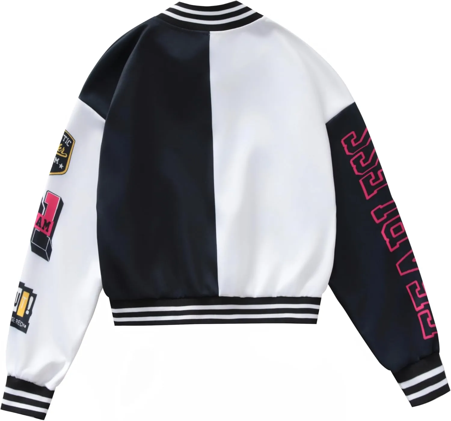 Girls Crop Varsity Jacket Print Color Block Bomber Jacket Casual Button Down Baseball Coats