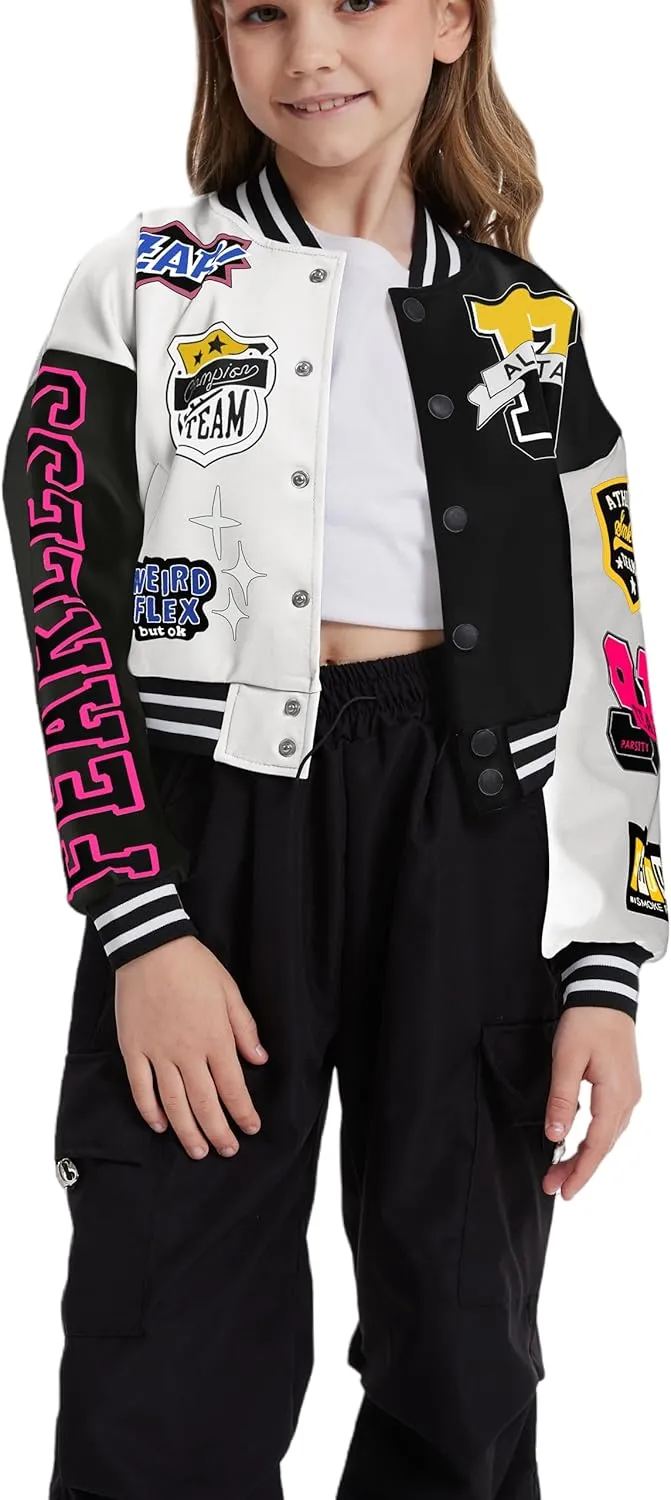 Girls Crop Varsity Jacket Print Color Block Bomber Jacket Casual Button Down Baseball Coats