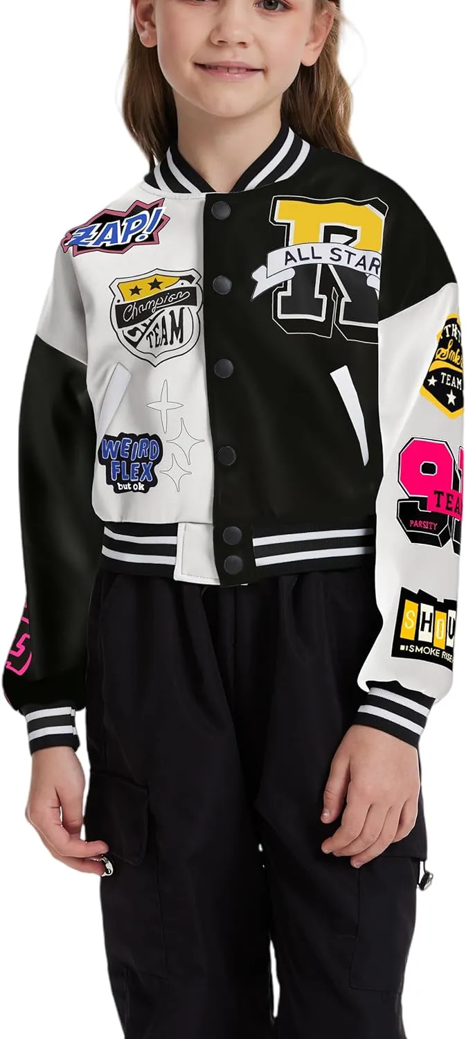 Girls Crop Varsity Jacket Print Color Block Bomber Jacket Casual Button Down Baseball Coats