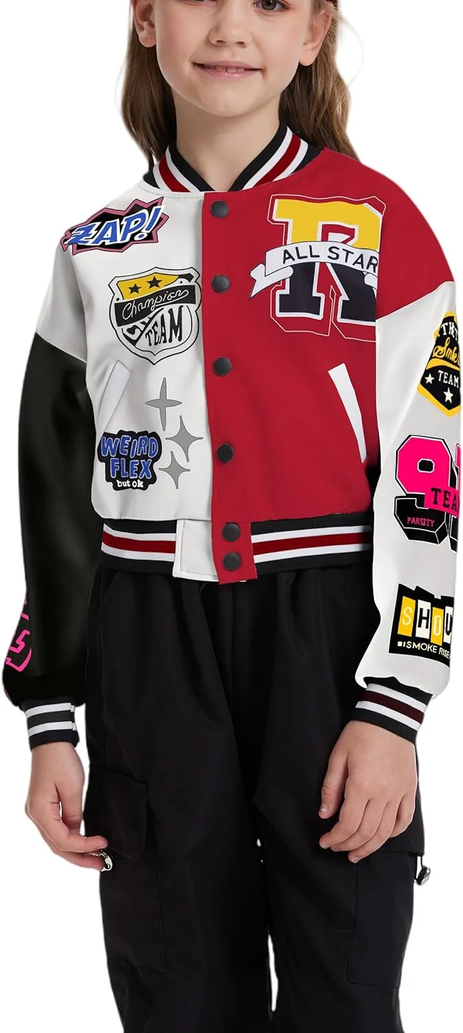 Girls Crop Varsity Jacket Print Color Block Bomber Jacket Casual Button Down Baseball Coats