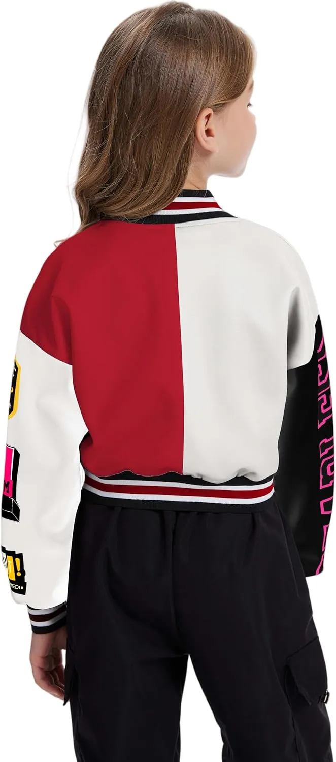 Girls Crop Varsity Jacket Print Color Block Bomber Jacket Casual Button Down Baseball Coats