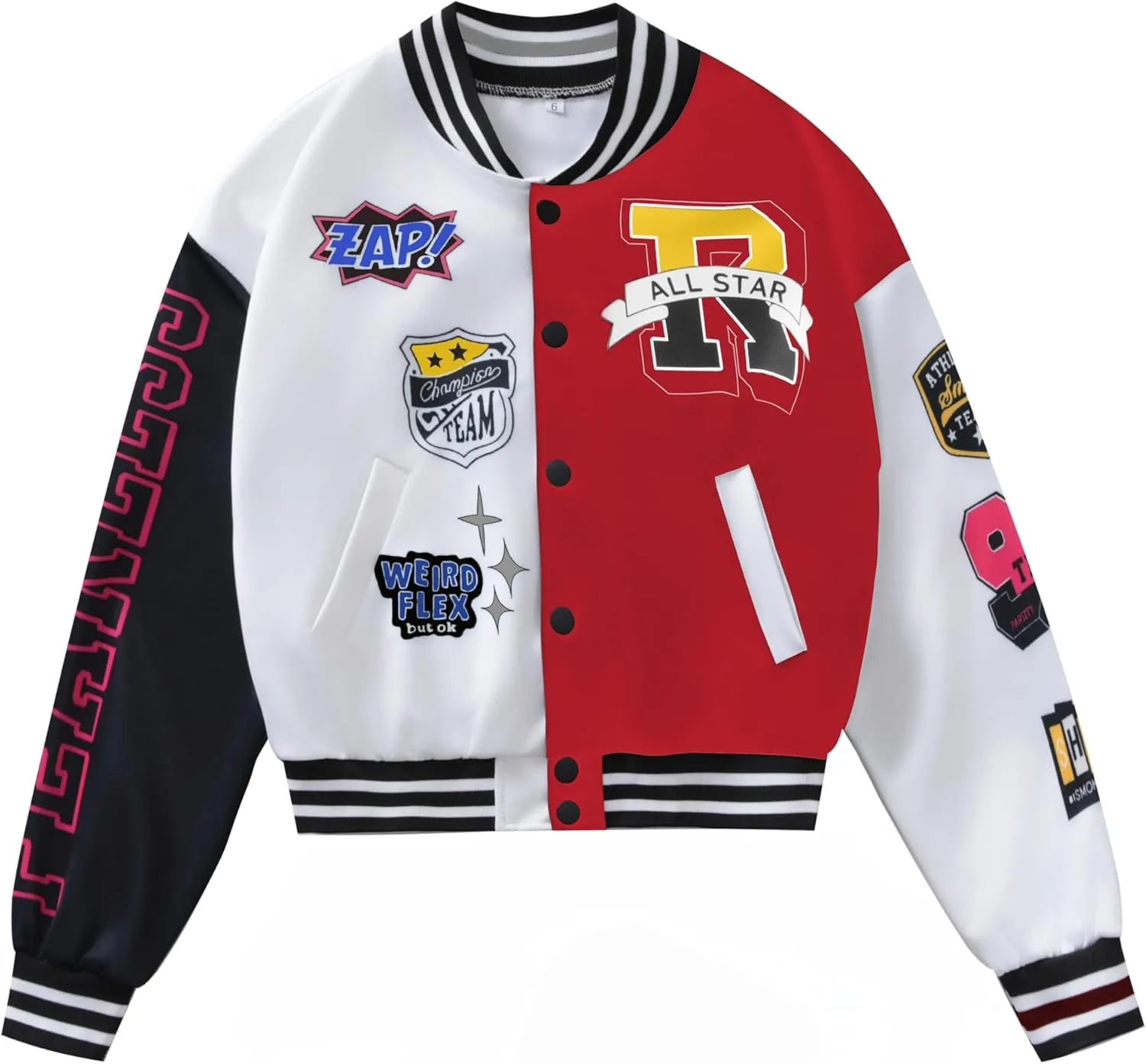 Girls Crop Varsity Jacket Print Color Block Bomber Jacket Casual Button Down Baseball Coats