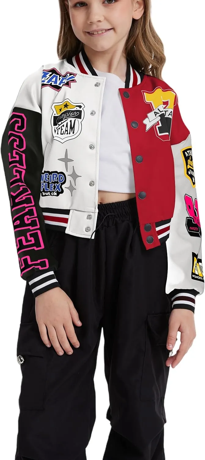 Girls Crop Varsity Jacket Print Color Block Bomber Jacket Casual Button Down Baseball Coats