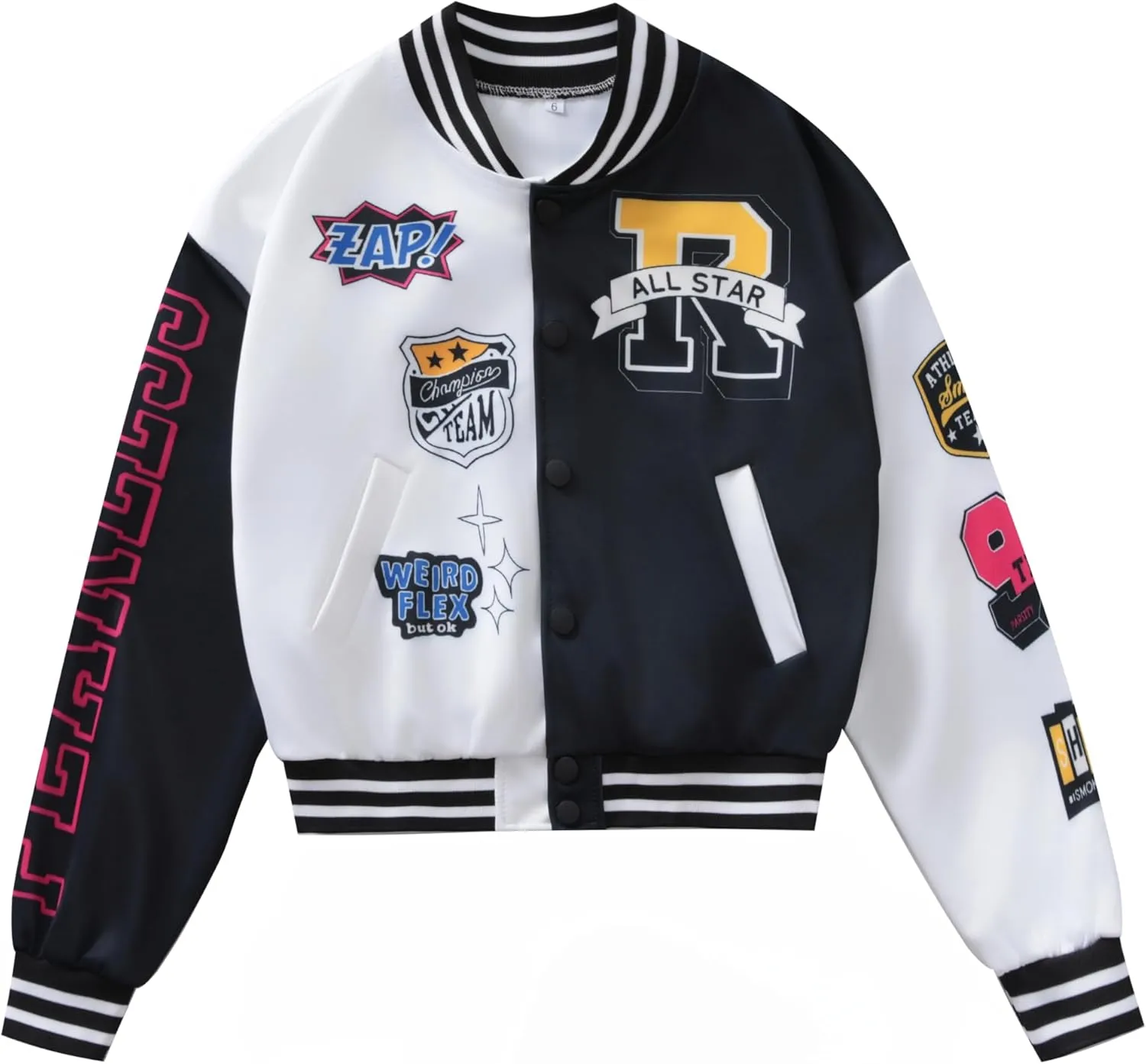 Girls Crop Varsity Jacket Print Color Block Bomber Jacket Casual Button Down Baseball Coats