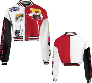 Girls Crop Varsity Jacket Print Color Block Bomber Jacket Casual Button Down Baseball Coats
