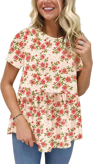 Hibluco Women's Summer Tops Short Sleeve Round Neck Floral Print Shirt Tunic Blouse