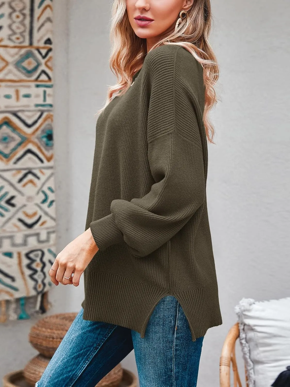 Imily Bela Womens Oversized Tunic Sweaters Fall Slouchy Long Sleeve Ribbed Knit Side Slit Pullover Jumper