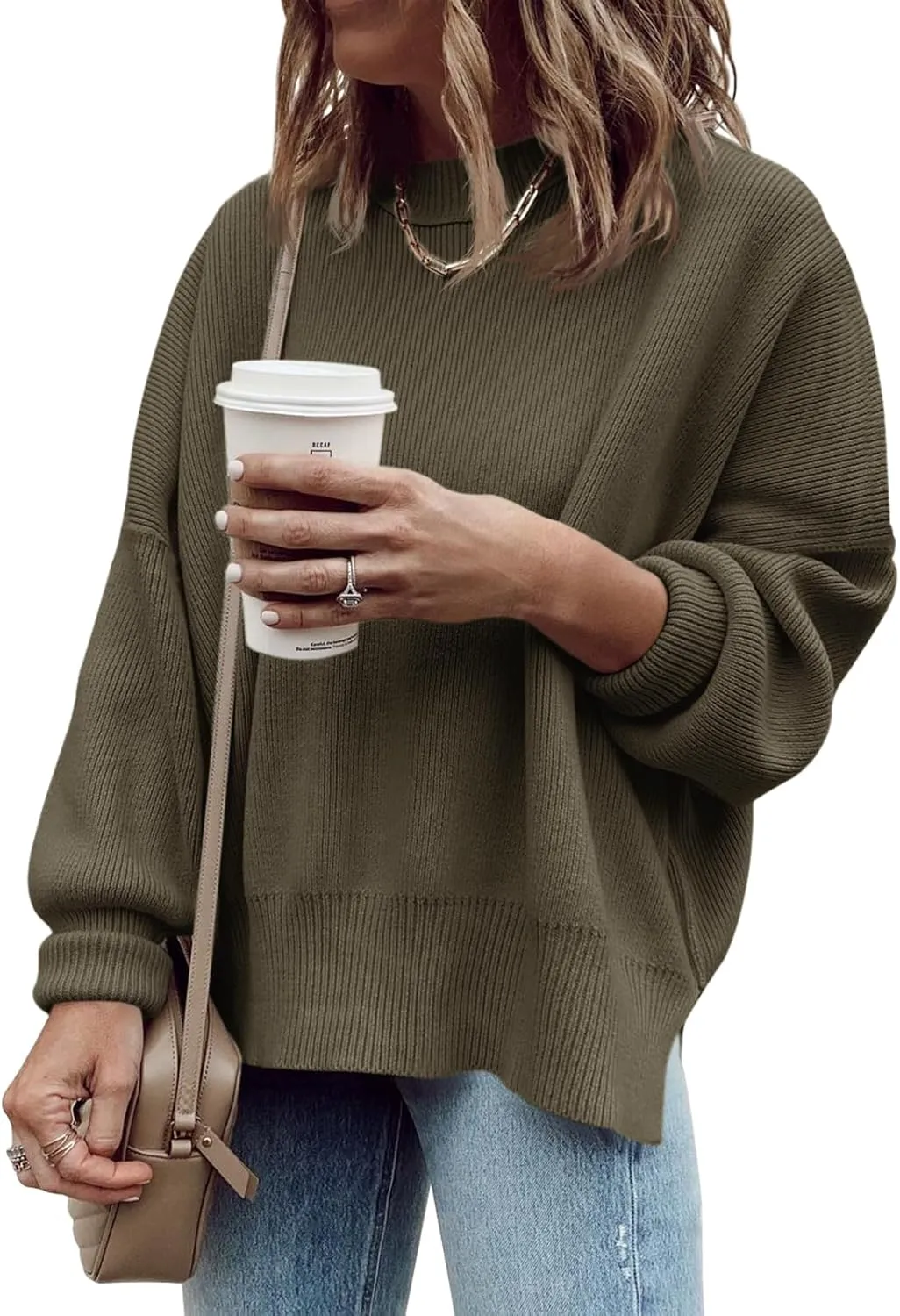 Imily Bela Womens Oversized Tunic Sweaters Fall Slouchy Long Sleeve Ribbed Knit Side Slit Pullover Jumper