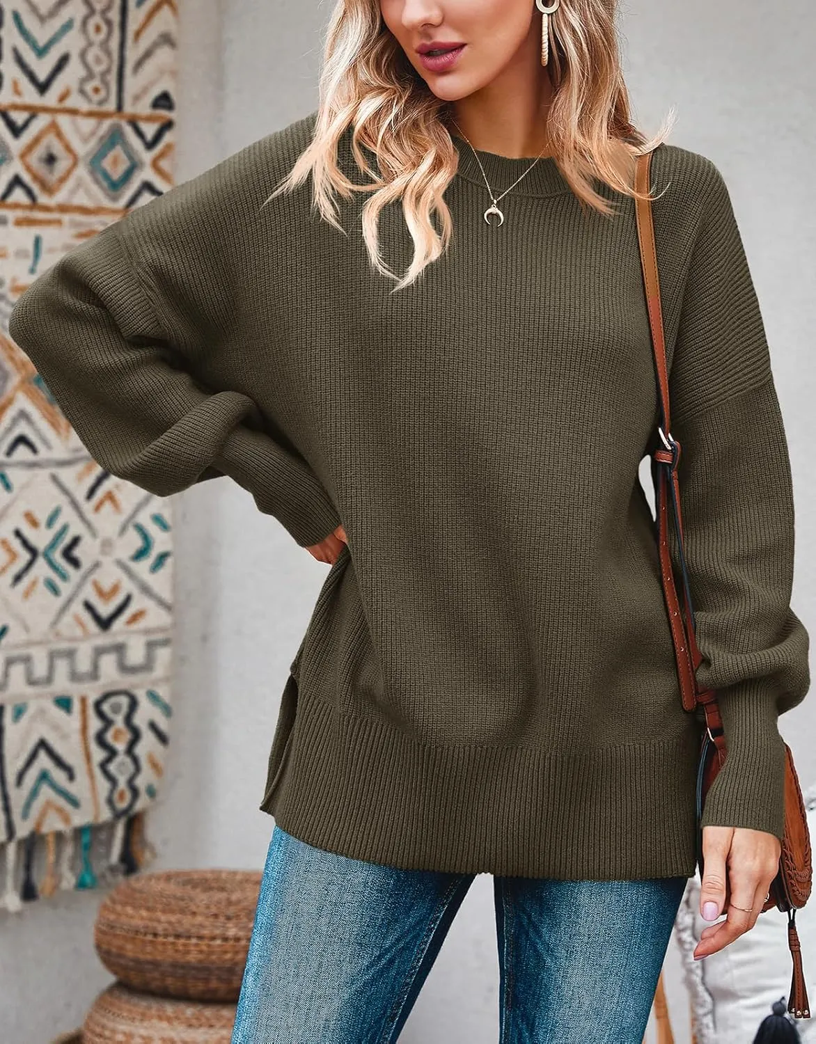 Imily Bela Womens Oversized Tunic Sweaters Fall Slouchy Long Sleeve Ribbed Knit Side Slit Pullover Jumper