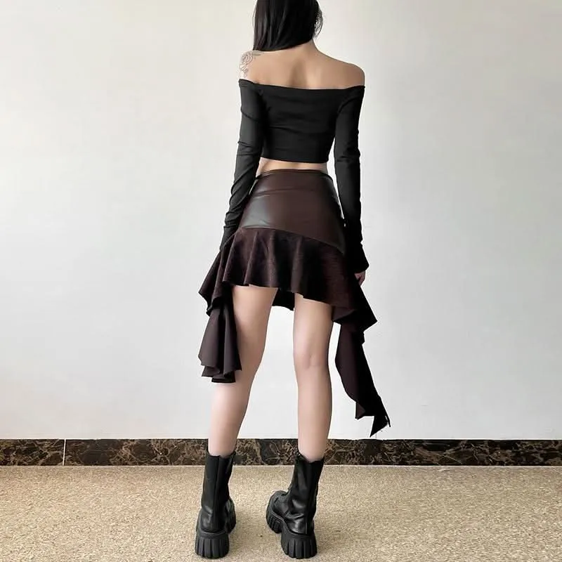 Irregular ruffle PU leather buckle mini skirt