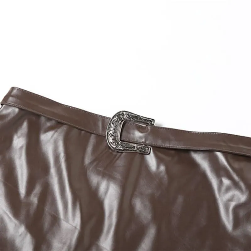 Irregular ruffle PU leather buckle mini skirt