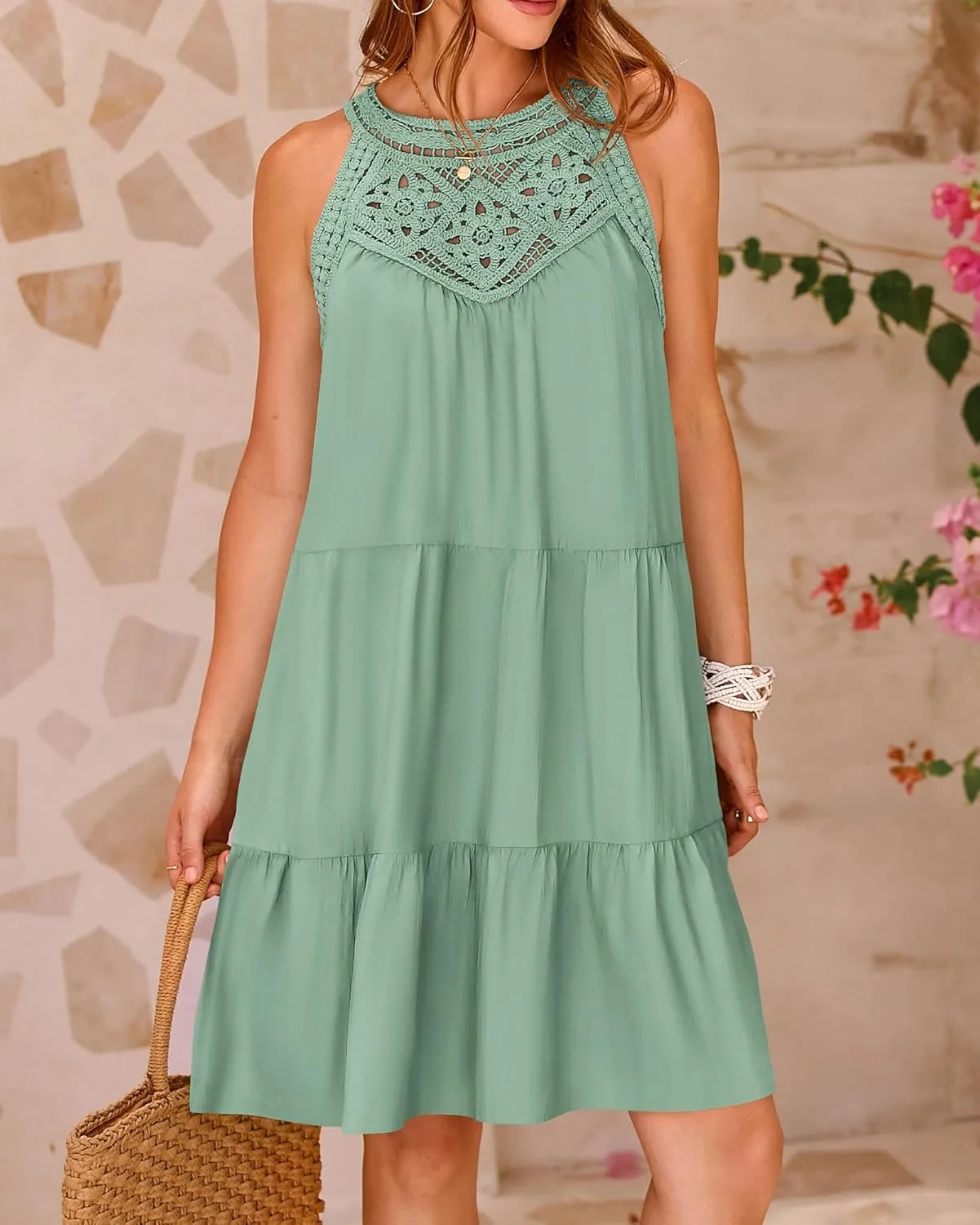 KIRUNDO Womens Summer Casual Sleeveless Halter Sundress 2025 Hollow Out Tiered Swing A Line Mini Beach Vacation Dresses