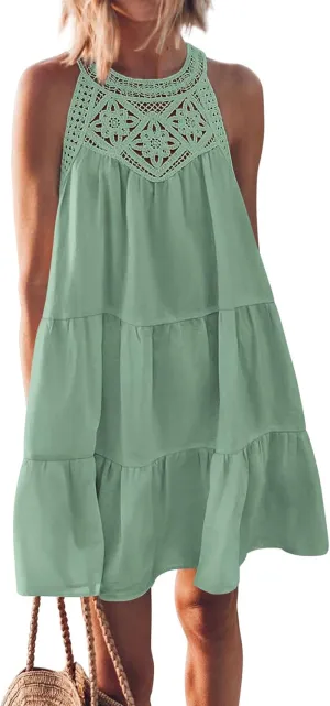 KIRUNDO Womens Summer Casual Sleeveless Halter Sundress 2025 Hollow Out Tiered Swing A Line Mini Beach Vacation Dresses