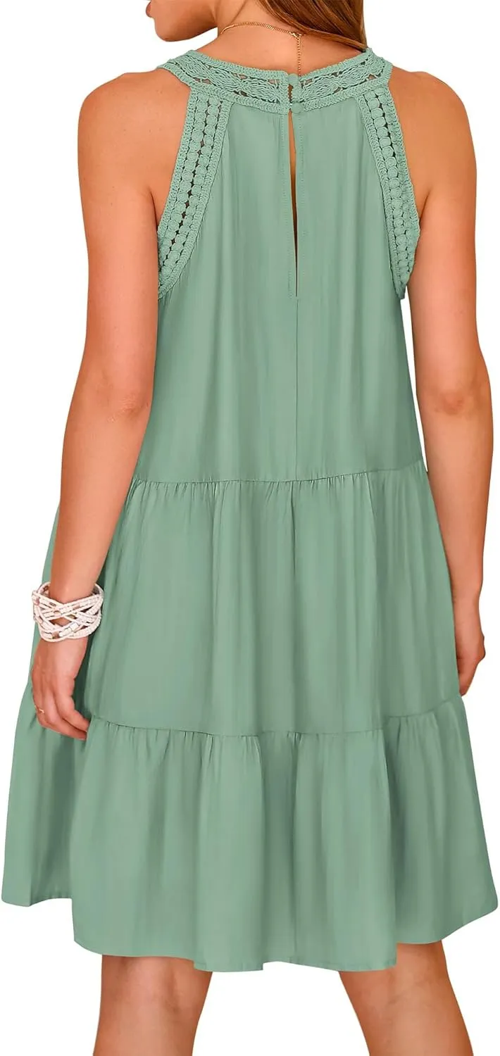 KIRUNDO Womens Summer Casual Sleeveless Halter Sundress 2025 Hollow Out Tiered Swing A Line Mini Beach Vacation Dresses