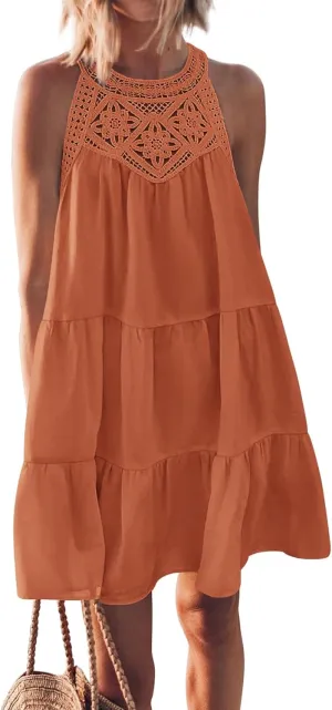KIRUNDO Womens Summer Casual Sleeveless Halter Sundress 2025 Hollow Out Tiered Swing A Line Mini Beach Vacation Dresses