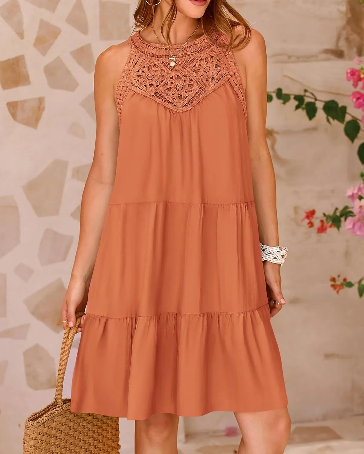 KIRUNDO Womens Summer Casual Sleeveless Halter Sundress 2025 Hollow Out Tiered Swing A Line Mini Beach Vacation Dresses