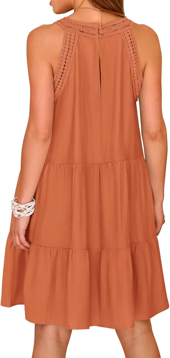 KIRUNDO Womens Summer Casual Sleeveless Halter Sundress 2025 Hollow Out Tiered Swing A Line Mini Beach Vacation Dresses