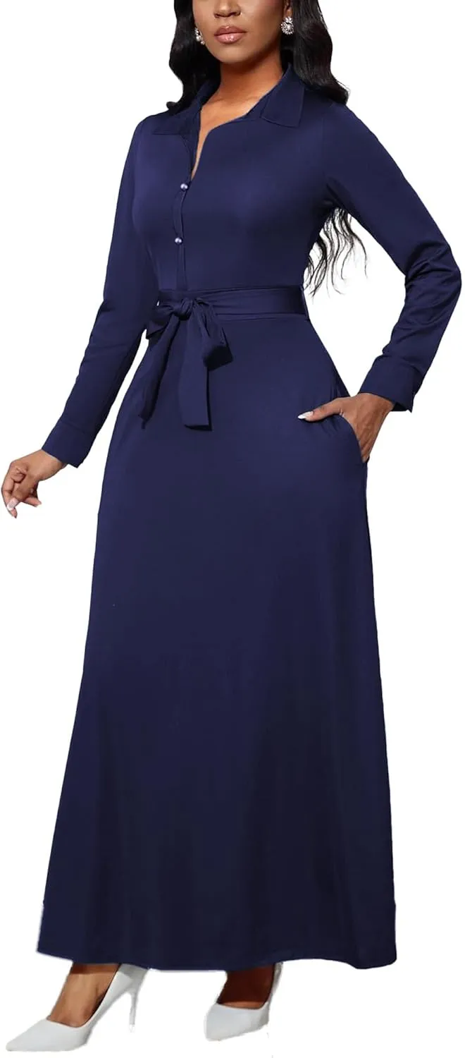 LaiyiVic Maxi Dress for Women Casual Long Sleeve Button Down Floor Length V-Neck Long Dress with Belt