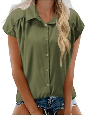 Linen Shirts for Women Loose Fit Cap Sleeve Button up Blouse Loose Collared Shirt Casual Summer Tops Beach Blouse Tops
