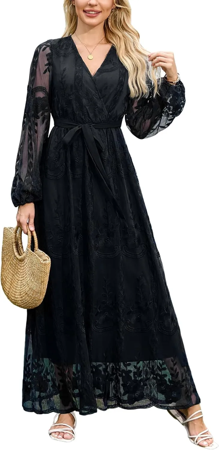 LRISES Womens V Neck Floral Embroidered Lace Wedding Maxi Dress Boho Short Sleeve Slit Bridesmaid Evening Party Dresses