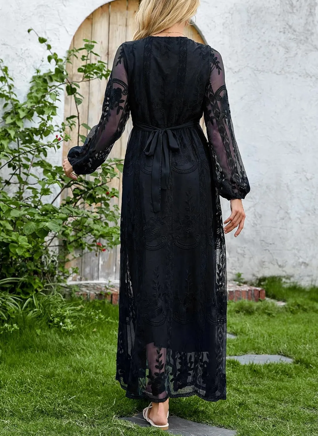LRISES Womens V Neck Floral Embroidered Lace Wedding Maxi Dress Boho Short Sleeve Slit Bridesmaid Evening Party Dresses