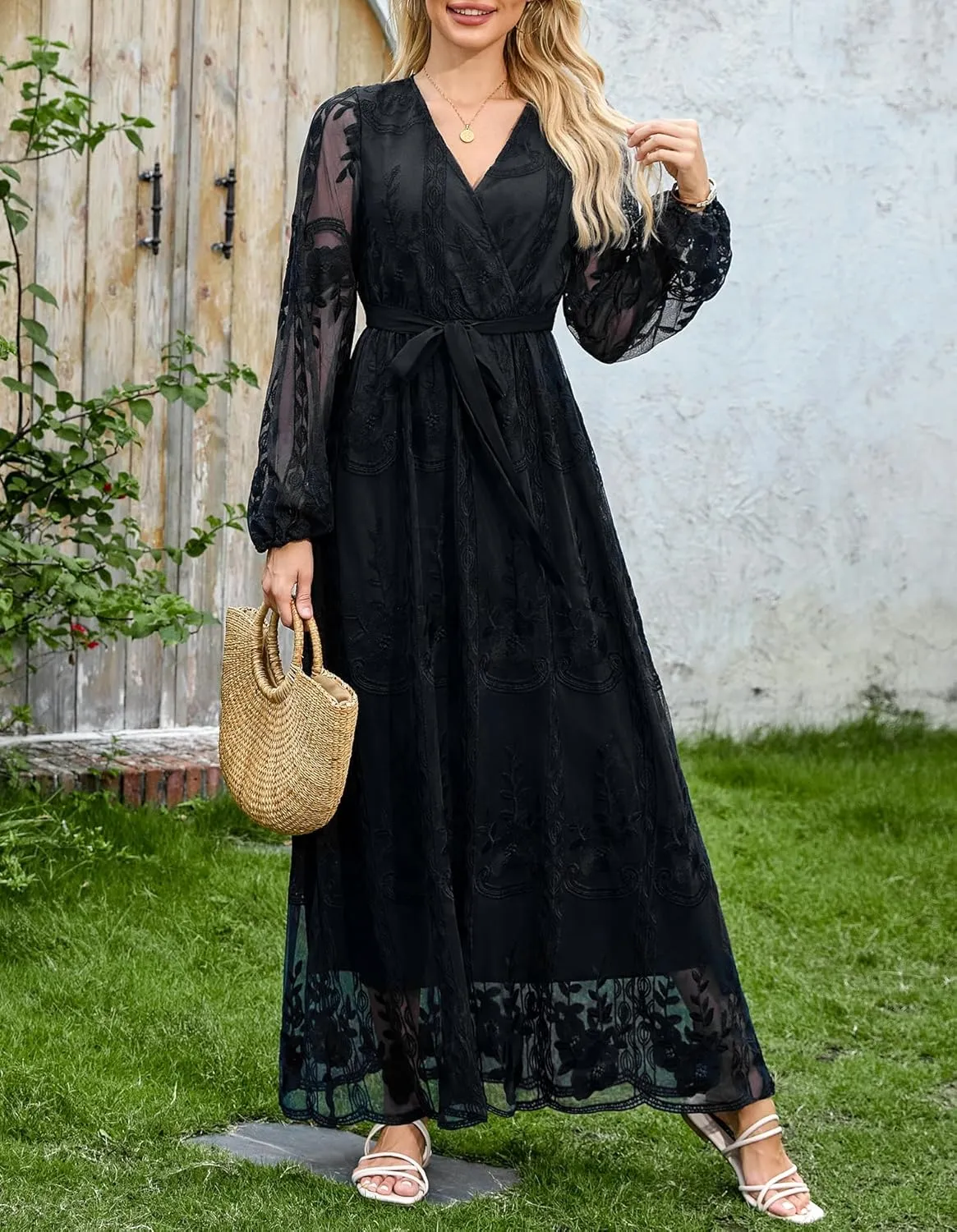 LRISES Womens V Neck Floral Embroidered Lace Wedding Maxi Dress Boho Short Sleeve Slit Bridesmaid Evening Party Dresses
