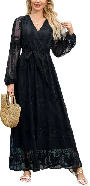LRISES Womens V Neck Floral Embroidered Lace Wedding Maxi Dress Boho Short Sleeve Slit Bridesmaid Evening Party Dresses