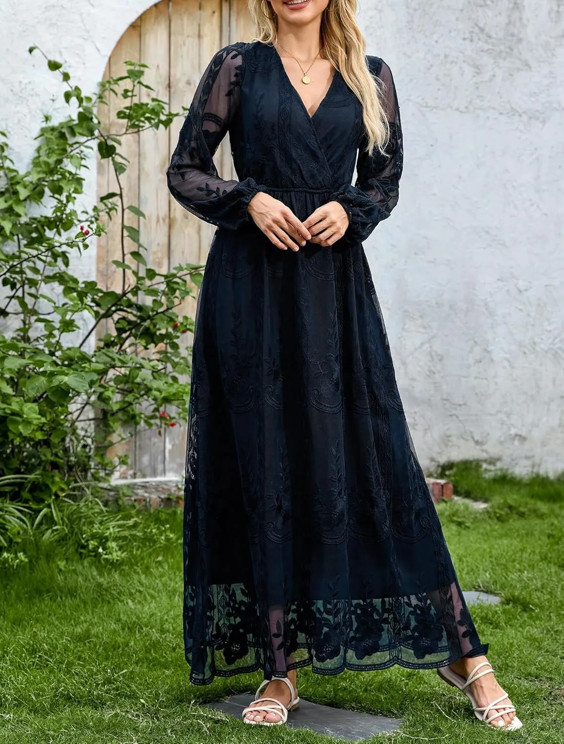LRISES Womens V Neck Floral Embroidered Lace Wedding Maxi Dress Boho Short Sleeve Slit Bridesmaid Evening Party Dresses