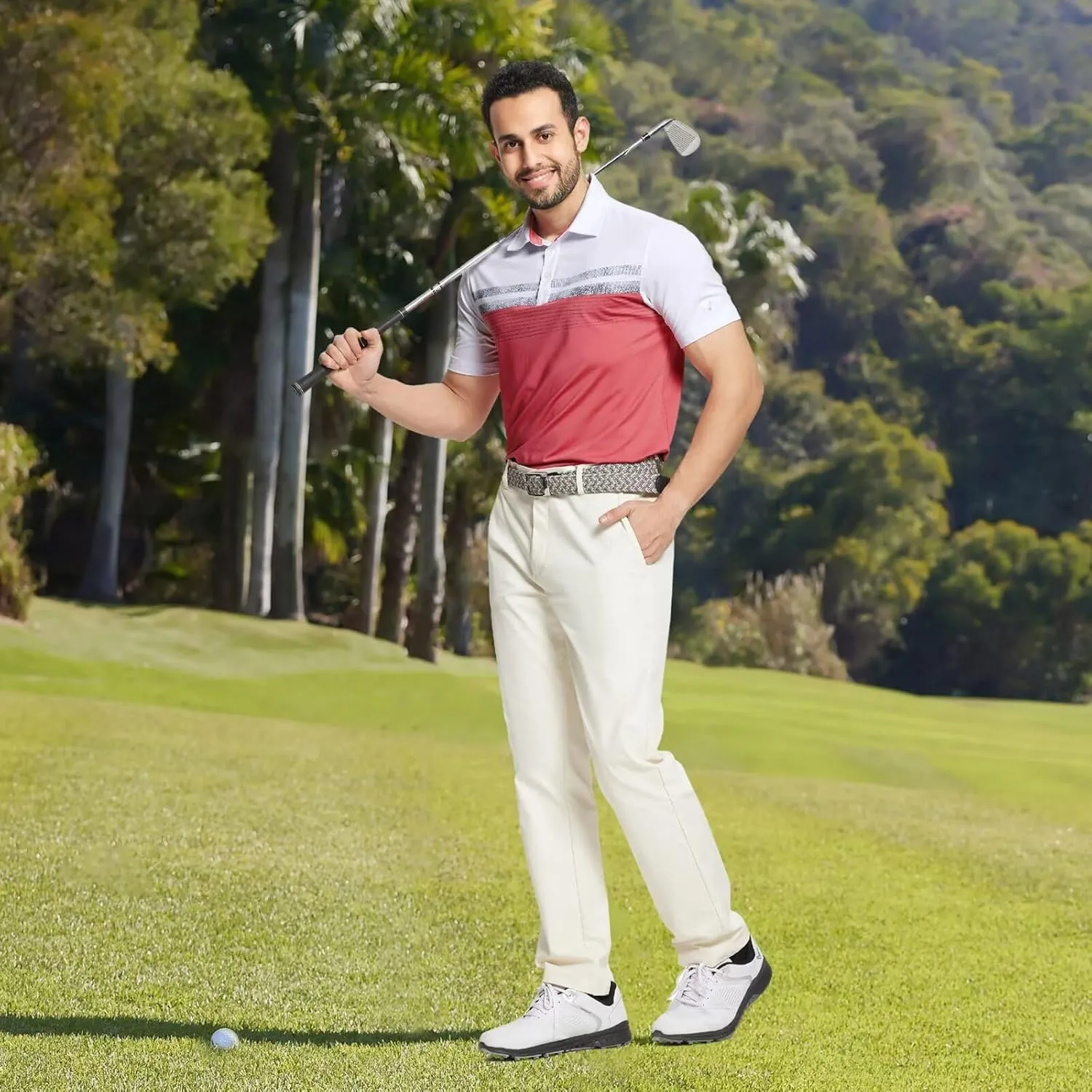 M MAELREG Golf Shirts for Men Dry Fit Performance Chest Print Color Block Moisture Wicking Casual Short Sleeve Polo Shirts