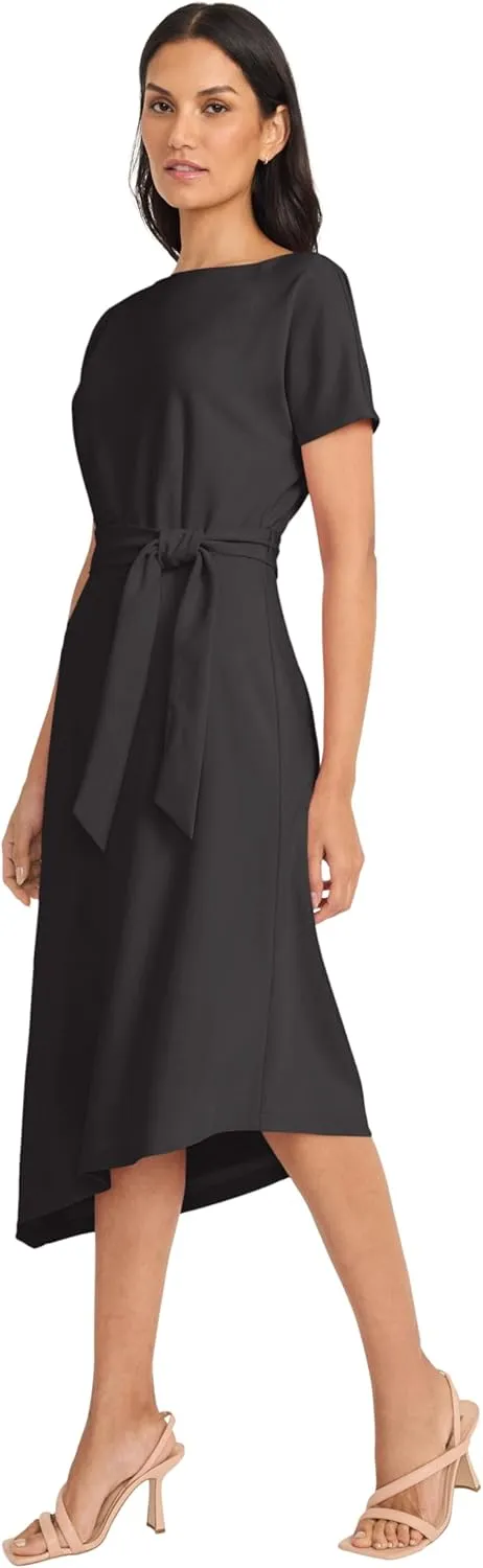 Maggy London Women's Short Sleeve Boat Neck Asymmetrical Belted Midi-Special Occasion-Cocktail Dress