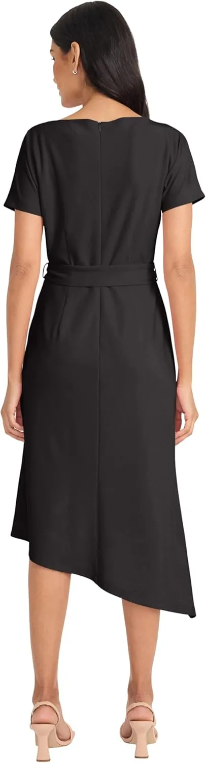 Maggy London Women's Short Sleeve Boat Neck Asymmetrical Belted Midi-Special Occasion-Cocktail Dress