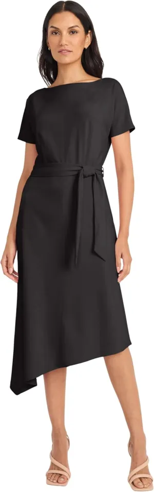 Maggy London Women's Short Sleeve Boat Neck Asymmetrical Belted Midi-Special Occasion-Cocktail Dress