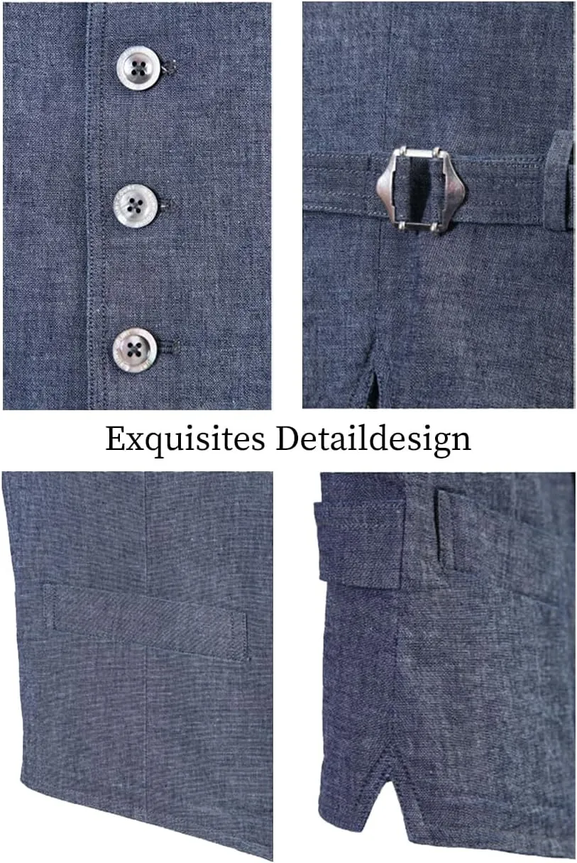 Men's Summer Linen Vest Casual Waistcoat Regular Fit Suit V Neck Vests for Party and Beach