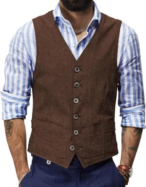 Men's Summer Linen Vest Casual Waistcoat Regular Fit Suit V Neck Vests for Party and Beach