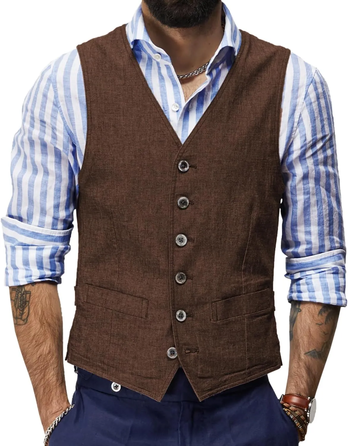 Men's Summer Linen Vest Casual Waistcoat Regular Fit Suit V Neck Vests for Party and Beach