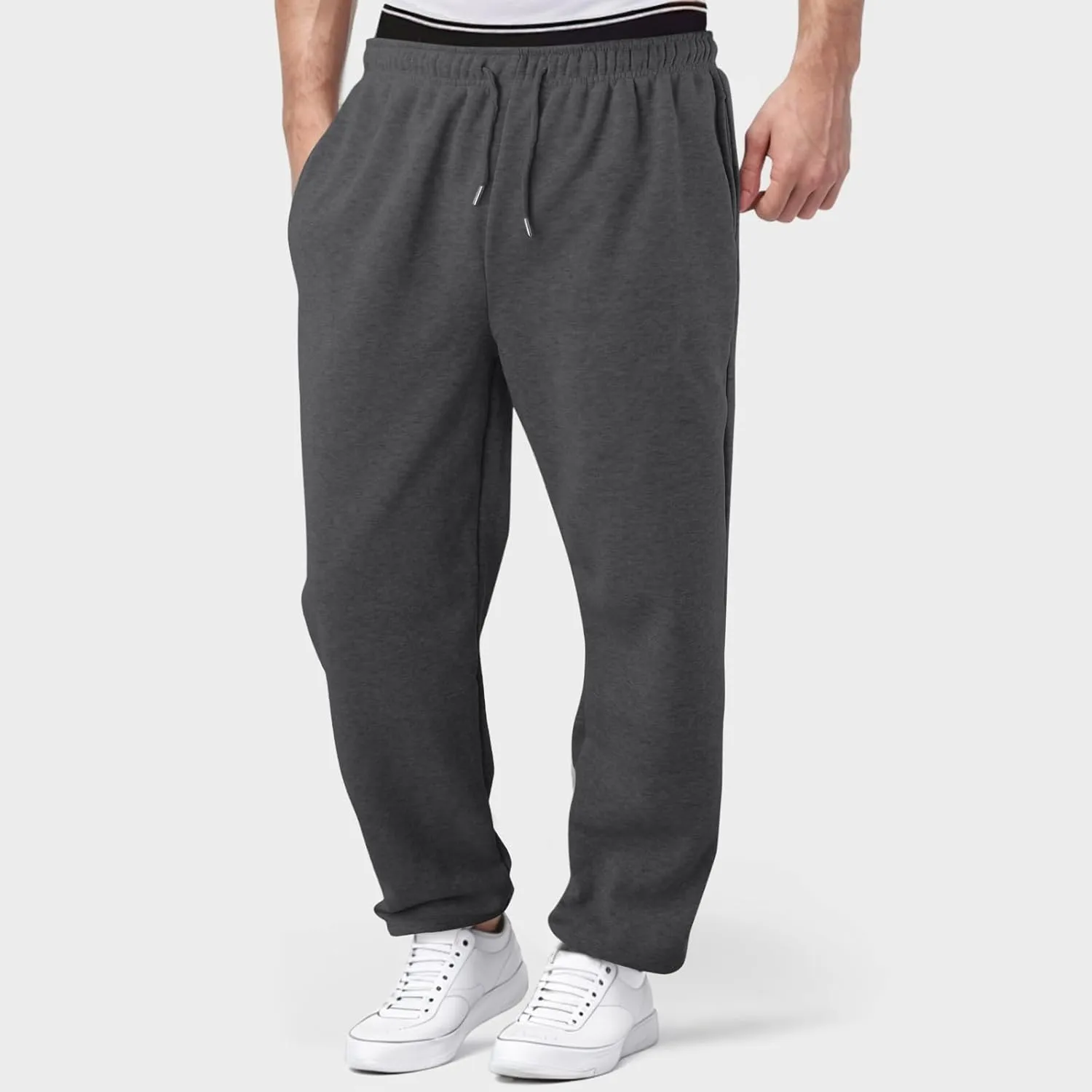 Mens Sweatpants Baggy Straight Wide Leg Open Bottom Casual Pants Elastic Waist Workout Athletic Joggers Pockets Sweat Pants